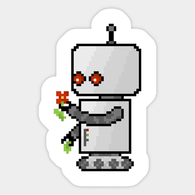 Robot pixel art, looking at a flower (Clear BG) Sticker by neophlegm